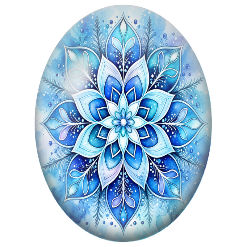 Cabochon en Verre Illustré Mandala Floral Bleu Aquarelle 13x18, 18x25 ou 30x40mm