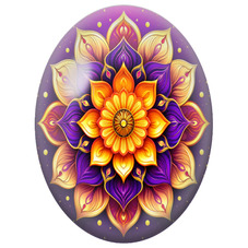 Cabochon en Verre Illustré Mandala Floral Orange et Violet sur Fond Pourpre pour la Création de Bijoux Fantaisie - DIY