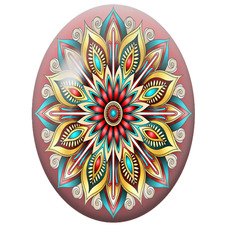 Cabochon en Verre Illustré Mandala Oriental Rouge, Turquoise et Or pour la Création de Bijoux Fantaisie - DIY