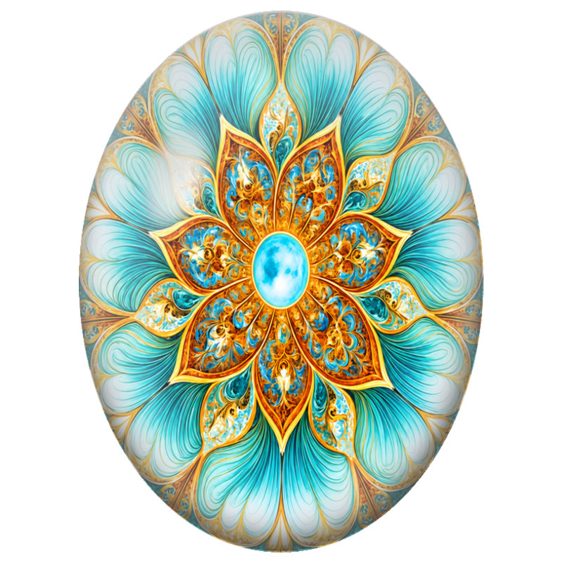 Cabochon en Verre Illustré Mandala Précieux Turquoise aux Arabesques Dorées 13x18, 18x25 ou 30x40mm