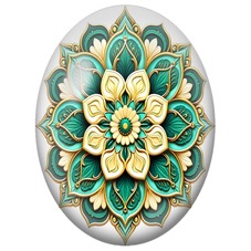 Cabochon en Verre Illustré Mandala Floral Vert Émeraude, Ivoire et Or pour la Création de Bijoux Fantaisie - DIY