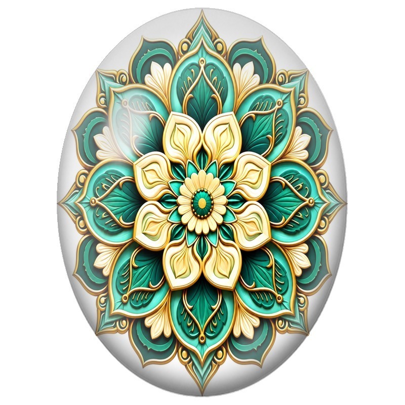 Cabochon en Verre Illustré Mandala Floral Vert Émeraude, Ivoire et Or 13x18, 18x25 ou 30x40mm