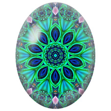 Cabochon en Verre Illustré Mandala Fractal Vert et Bleu pour la Création de Bijoux Fantaisie - DIY