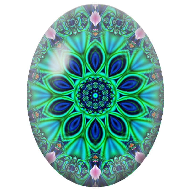 Cabochon en Verre Illustré Mandala Fractal Vert et Bleu 13x18, 18x25 ou 30x40mm