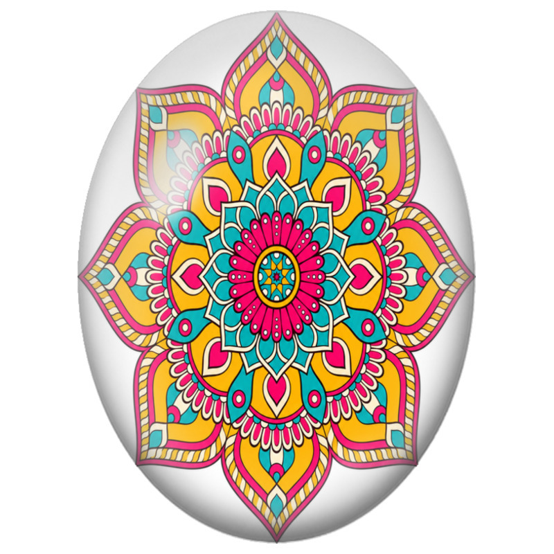Cabochon en Verre Illustré Mandala Floral Fuchsia, Bleu et Orange 13x18, 18x25 ou 30x40mm