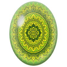Cabochon en Verre Illustré Mandala Dentelle Jaune sur Fond Vert pour la Création de Bijoux Fantaisie - DIY