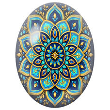 Cabochon en Verre Illustré Mandala Précieux Bleu, Turquoise et Or pour la Création de Bijoux Fantaisie - DIY