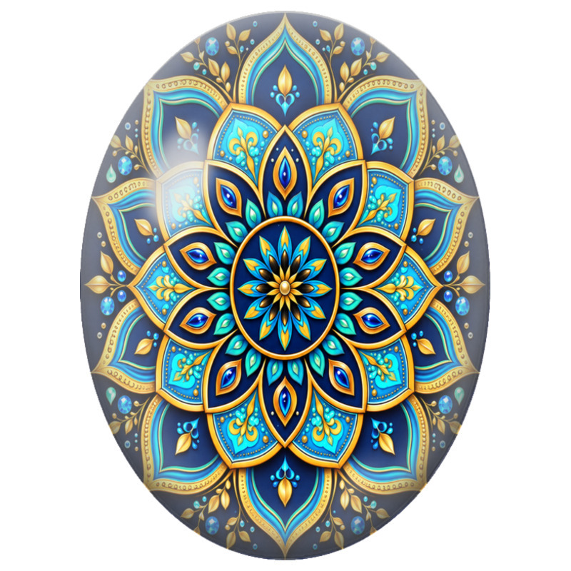 Cabochon en Verre Illustré Mandala Précieux Bleu, Turquoise et Or 13x18, 18x25 ou 30x40mm