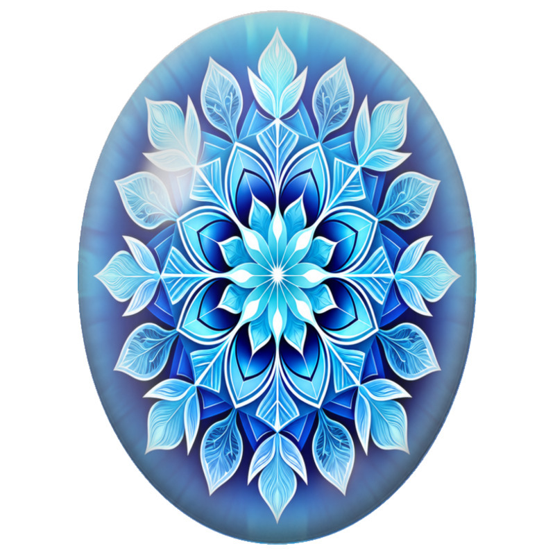 Cabochon en Verre Illustré Mandala Floral Blanc et Bleu Glacé 13x18, 18x25 ou 30x40mm
