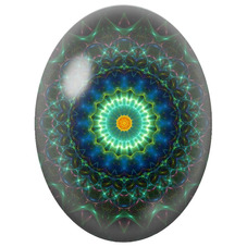 Cabochon en Verre Illustré Mandala Fractal Vert Lumineux sur Fond Noir pour la Création de Bijoux Fantaisie - DIY