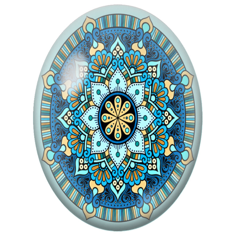 Cabochon en Verre Illustré Mandala Oriental Bleu et Beige 13x18, 18x25 ou 30x40mm