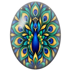 Cabochon en Verre Illustré Mandala Paon Bleu à la Roue Verte et Or pour la Création de Bijoux Fantaisie - DIY