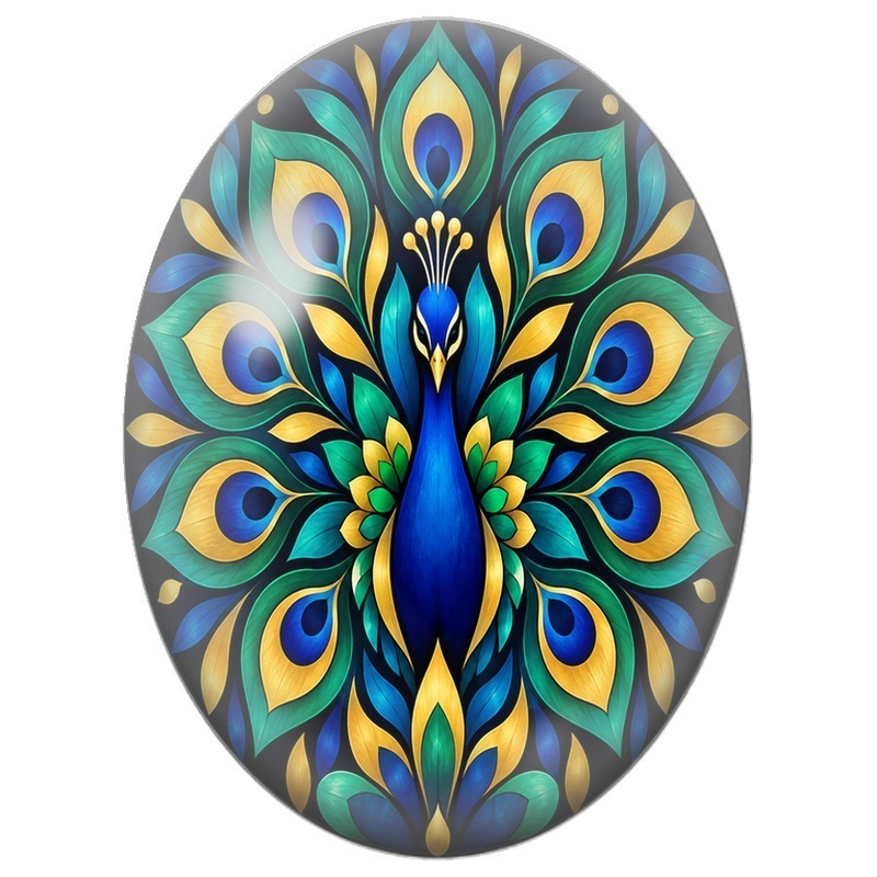 Cabochon en Verre Illustré Mandala Paon Bleu à la Roue Verte et Or 13x18, 18x25 ou 30x40mm