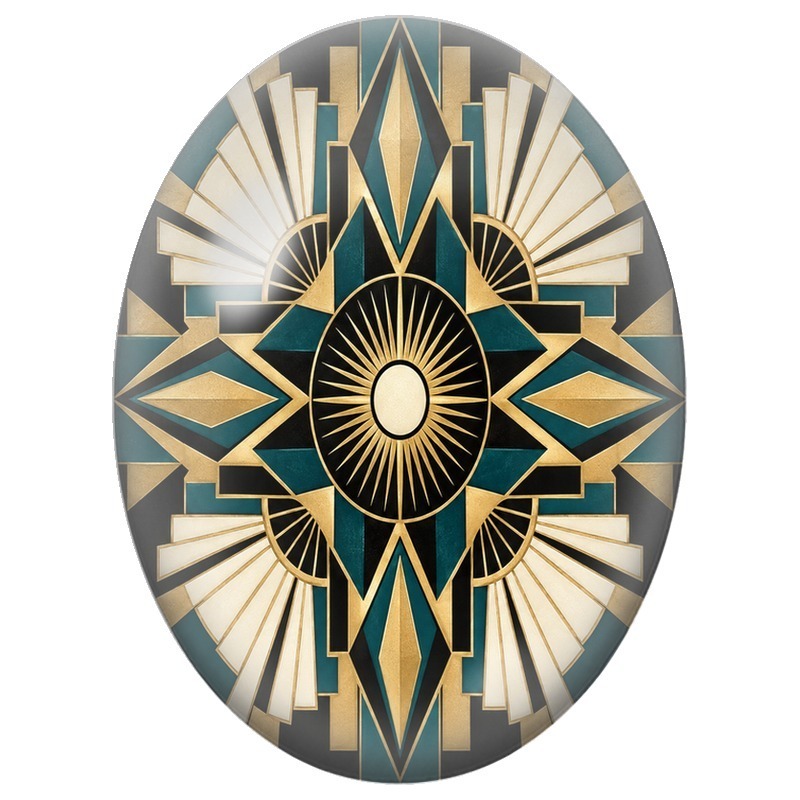 Cabochon en Verre Illustré Mandala Art Déco Noir, Vert et Or 13x18, 18x25 ou 30x40mm