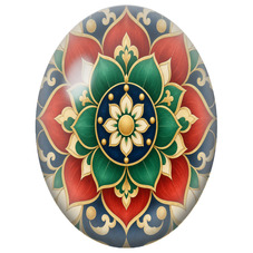 Cabochon en Verre Illustré Mandala Floral Rouge, Vert et Or pour la Création de Bijoux Fantaisie - DIY
