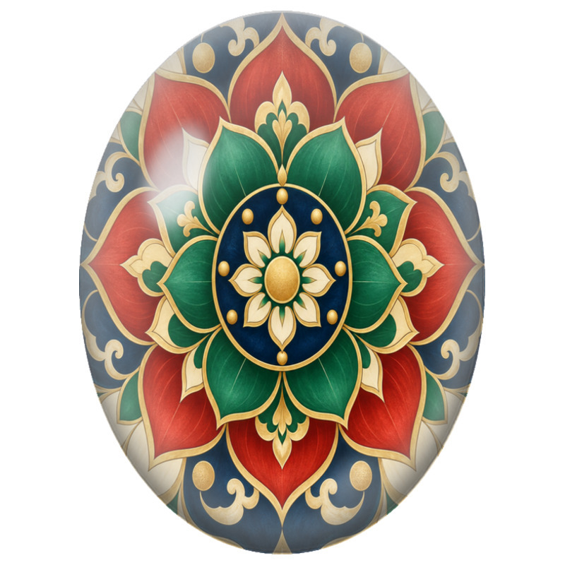 Cabochon en Verre Illustré Mandala Floral Rouge, Vert et Or 13x18, 18x25 ou 30x40mm
