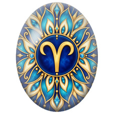 Cabochon en Verre Illustré Mandala Signe du Zodiaque Bélier Bleu et Or pour la Création de Bijoux Fantaisie - DIY