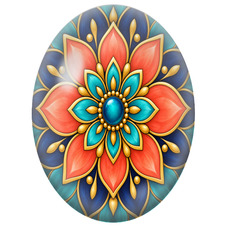 Cabochon en Verre Illustré Mandala Floral Corail, Turquoise et Or pour la Création de Bijoux Fantaisie - DIY
