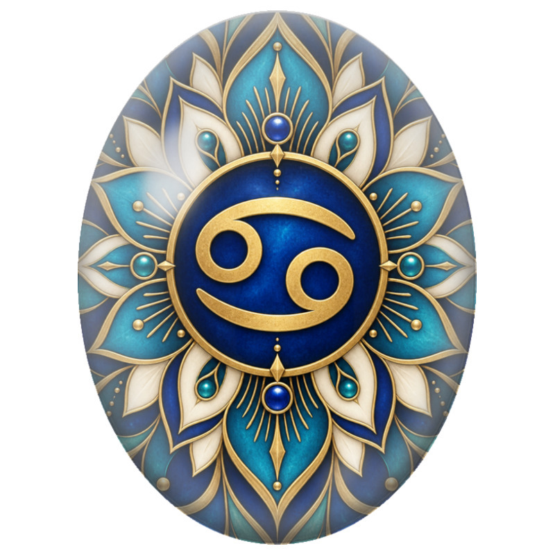 Cabochon en Verre Illustré Mandala Signe du Zodiaque Cancer Bleu et Or 13x18, 18x25 ou 30x40mm