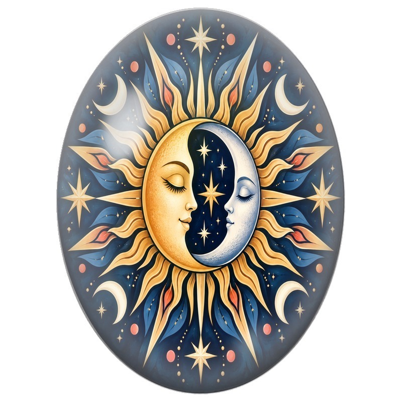 Cabochon en Verre Illustré Mandala Soleil et Lune sur Fond Étoilé 13x18, 18x25 ou 30x40mm