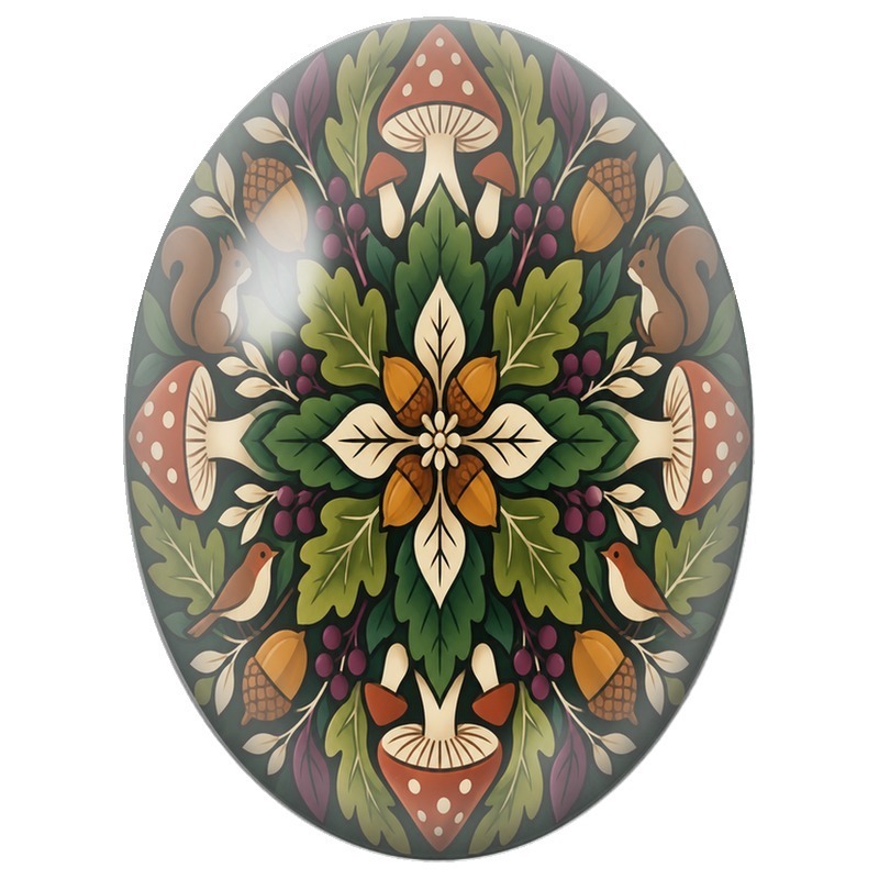 Cabochon en Verre Illustré Mandala Forêt aux Écureuils et Rougegorges 13x18, 18x25 ou 30x40mm