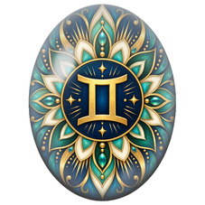 Cabochon en Verre Illustré Mandala Signe du Zodiaque Gémeaux Bleu, Vert et Or pour la Création de Bijoux Fantaisie - DIY