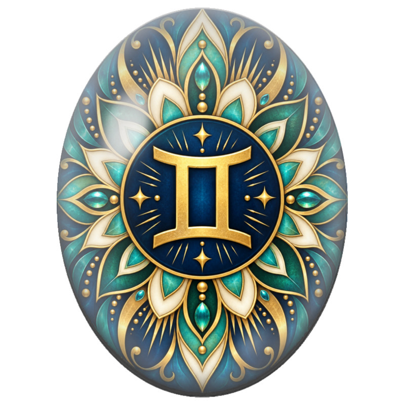 Cabochon en Verre Illustré Mandala Signe du Zodiaque Gémeaux Bleu, Vert et Or 13x18, 18x25 ou 30x40mm