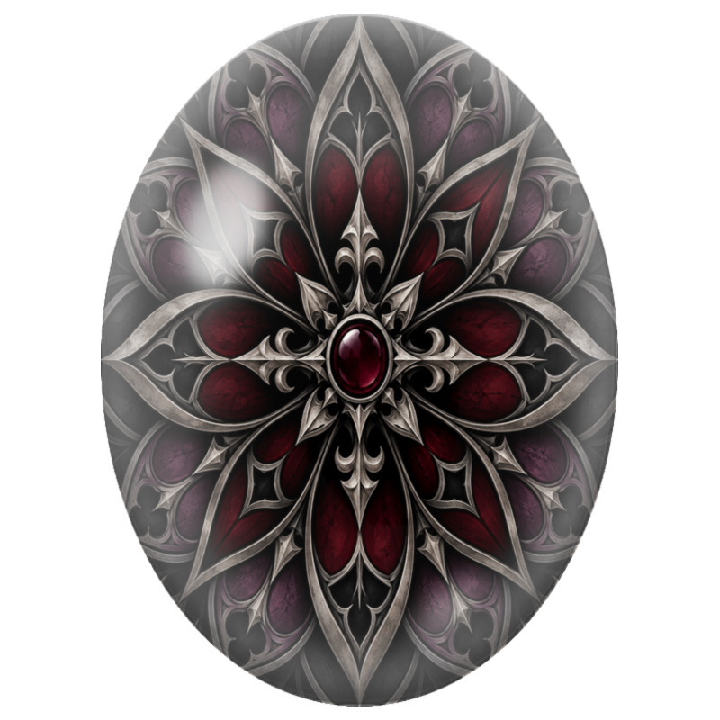 Cabochon en Verre Illustré Mandala Gothique Rouge et Argent 13x18, 18x25 ou 30x40mm