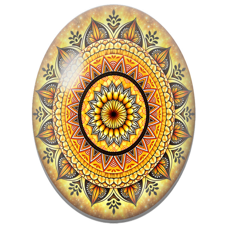 Cabochon en Verre Illustré Mandala Oriental Or et Orange 13x18, 18x25 ou 30x40mm