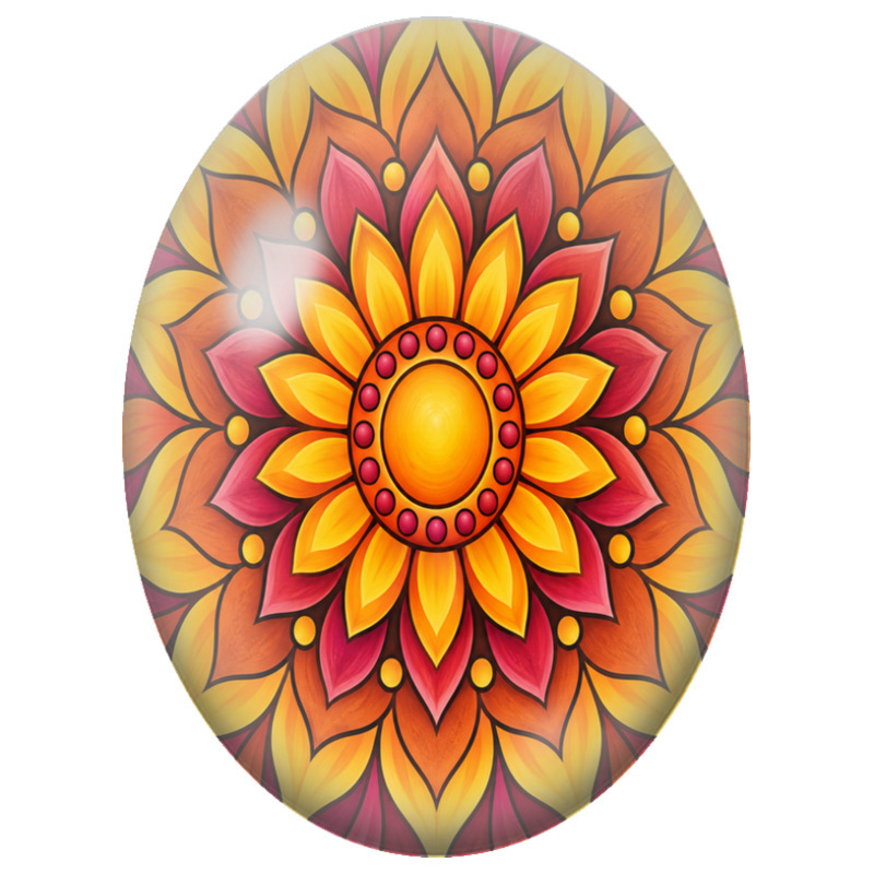 Cabochon en Verre Illustré Mandala Floral Jaune, Orange et Rouge 13x18, 18x25 ou 30x40mm