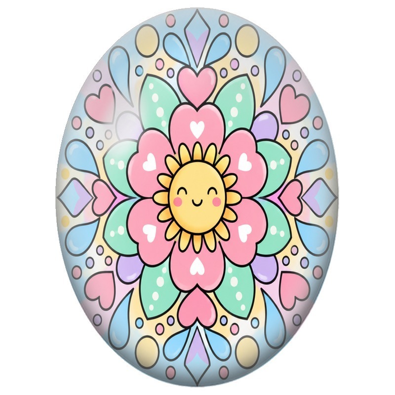 Cabochon en Verre Illustré Mandala Soleil Souriant aux Cœurs Pastel 13x18, 18x25 ou 30x40mm