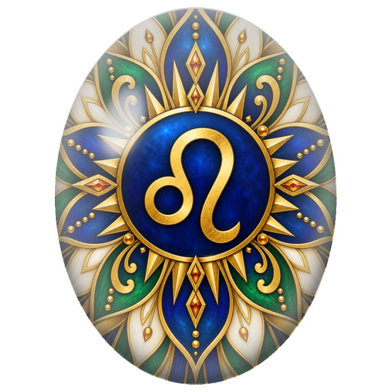 Cabochon en Verre Illustré Mandala Signe du Zodiaque Lion Bleu, Vert et Or 13x18, 18x25 ou 30x40mm