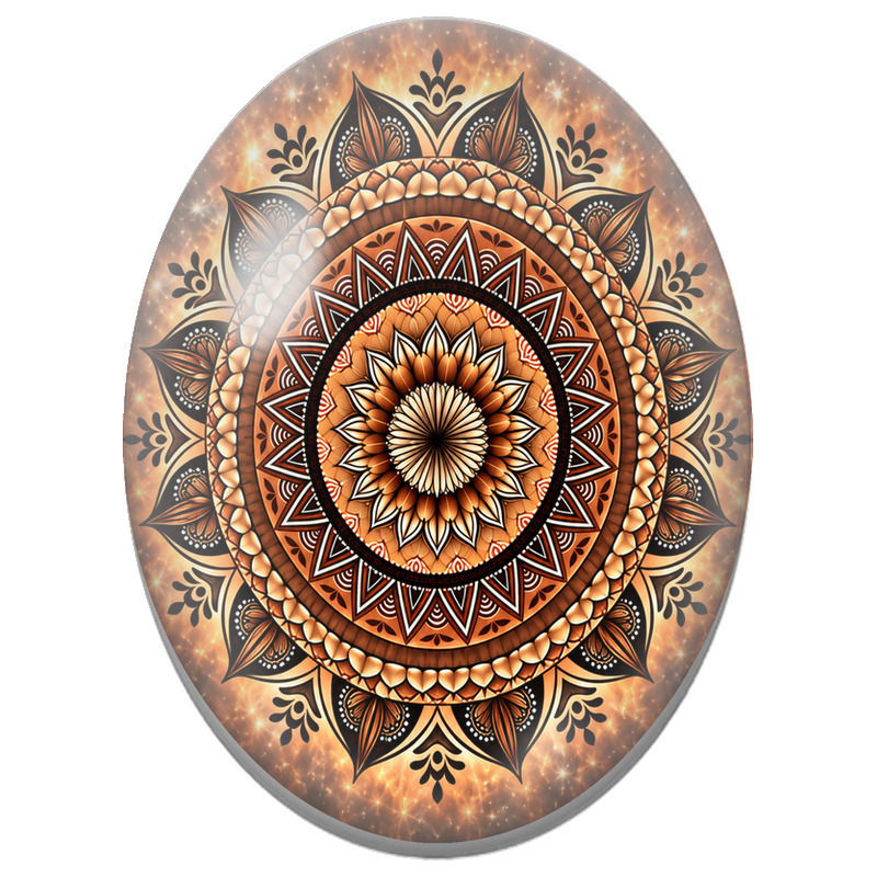 Cabochon en Verre Illustré Mandala Oriental Marron et Or 13x18, 18x25 ou 30x40mm