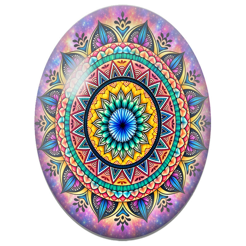 Cabochon en Verre Illustré Mandala Oriental Multicolore sur Fond Cosmique 13x18, 18x25 ou 30x40mm