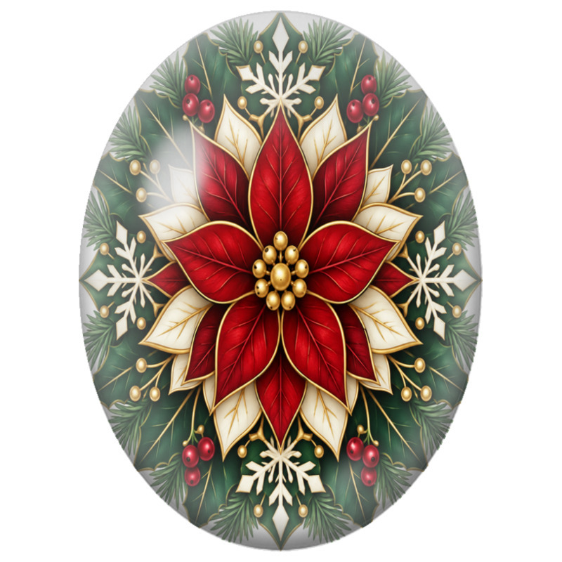 Cabochon en Verre Illustré Mandala Noël Fleur Rouge et Flocons 13x18, 18x25 ou 30x40mm
