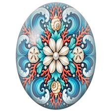 Cabochon en Verre Illustré Mandala Marin Coquillages, Coraux et Vagues pour la Création de Bijoux Fantaisie - DIY