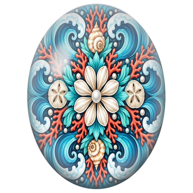 Cabochon en Verre Illustré Mandala Marin Coquillages, Coraux et Vagues 13x18, 18x25 ou 30x40mm