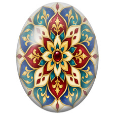 Cabochon en Verre Illustré Mandala Oriental Rouge, Bleu et Or pour la Création de Bijoux Fantaisie - DIY