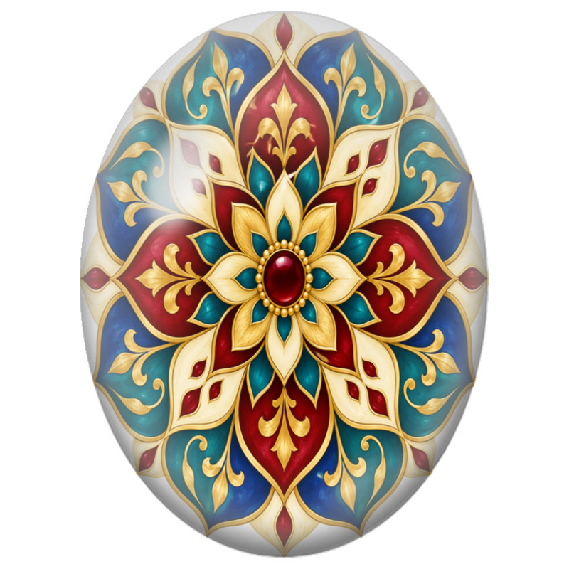 Cabochon en Verre Illustré Mandala Oriental Rouge, Bleu et Or 13x18, 18x25 ou 30x40mm
