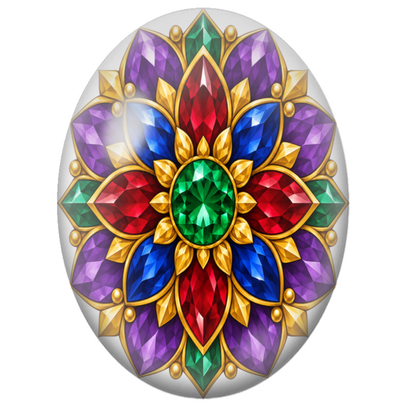 Cabochon en Verre Illustré Mandala Pierres Précieuses Multicolores 13x18, 18x25 ou 30x40mm