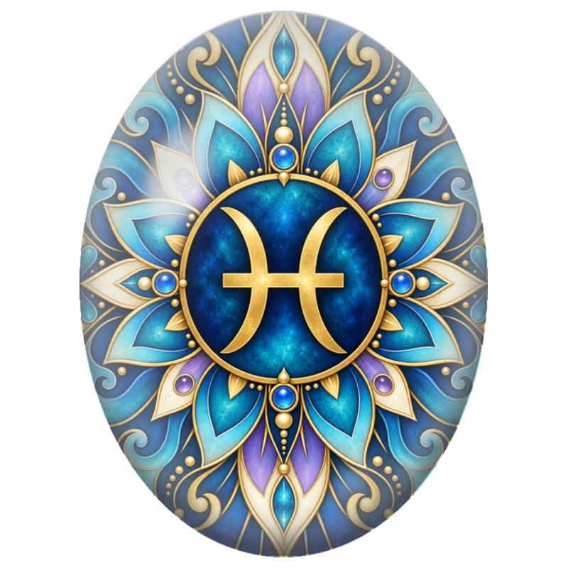Cabochon en Verre Illustré Mandala Signe du Zodiaque Poissons Bleu et Or 13x18, 18x25 ou 30x40mm