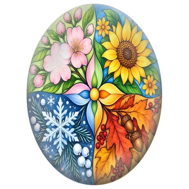 Cabochon en Verre Illustré Mandala des Quatre Saisons 13x18, 18x25 ou 30x40mm