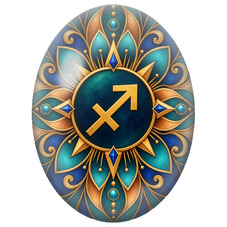 Cabochon en Verre Illustré Mandala Signe du Zodiaque Sagittaire Bleu, Vert et Or pour la Création de Bijoux Fantaisie - DIY