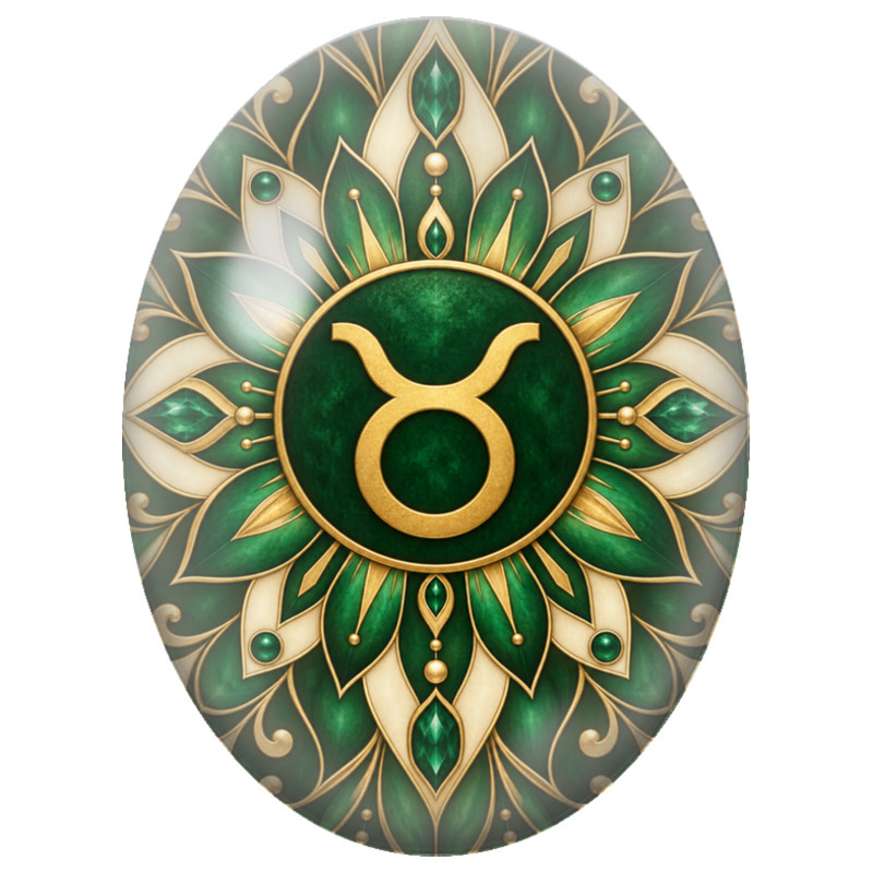 Cabochon en Verre Illustré Mandala Signe du Zodiaque Taureau Vert et Or 13x18, 18x25 ou 30x40mm