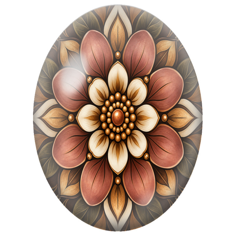 Cabochon en Verre Illustré Mandala Floral Terracotta, Ivoire et Bronze 13x18, 18x25 ou 30x40mm