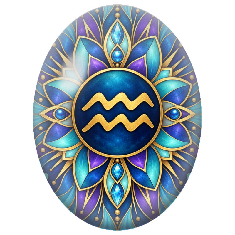 Cabochon en Verre Illustré Mandala Signe du Zodiaque Verseau Bleu et Or 13x18, 18x25 ou 30x40mm