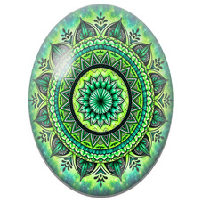 Cabochon en Verre Illustré Mandala Oriental Vert sur Fond Lumineux pour la Création de Bijoux Fantaisie - DIY