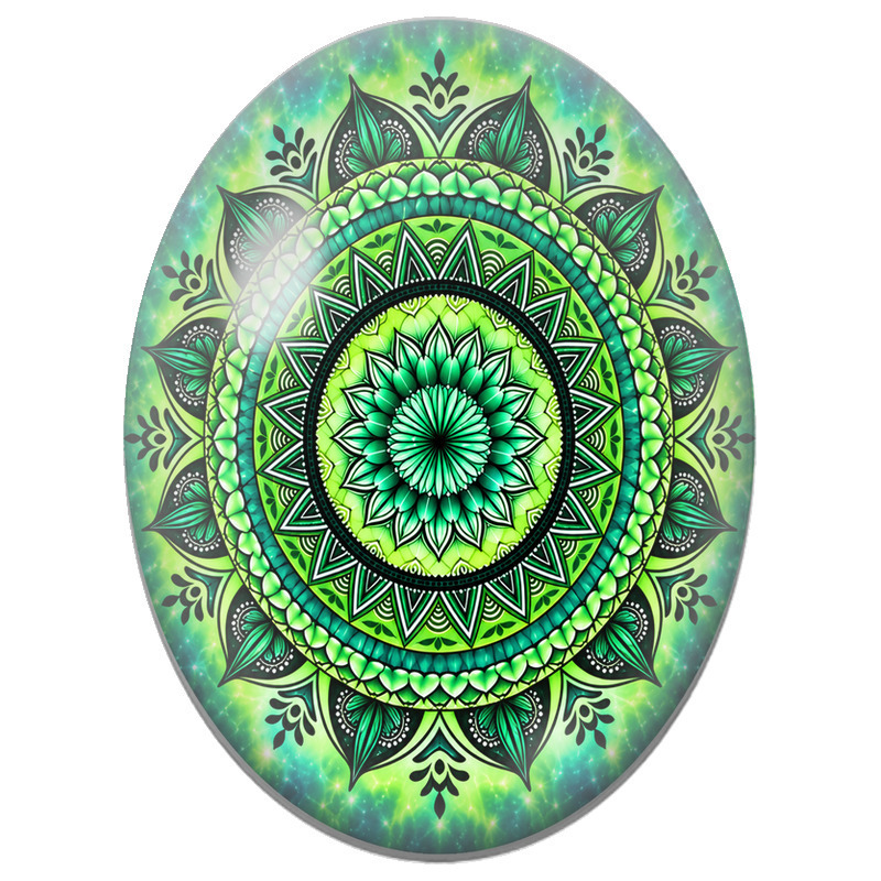 Cabochon en Verre Illustré Mandala Oriental Vert sur Fond Lumineux 13x18, 18x25 ou 30x40mm