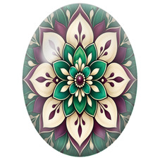Cabochon en Verre Illustré Mandala Floral Vert, Ivoire et Prune pour la Création de Bijoux Fantaisie - DIY