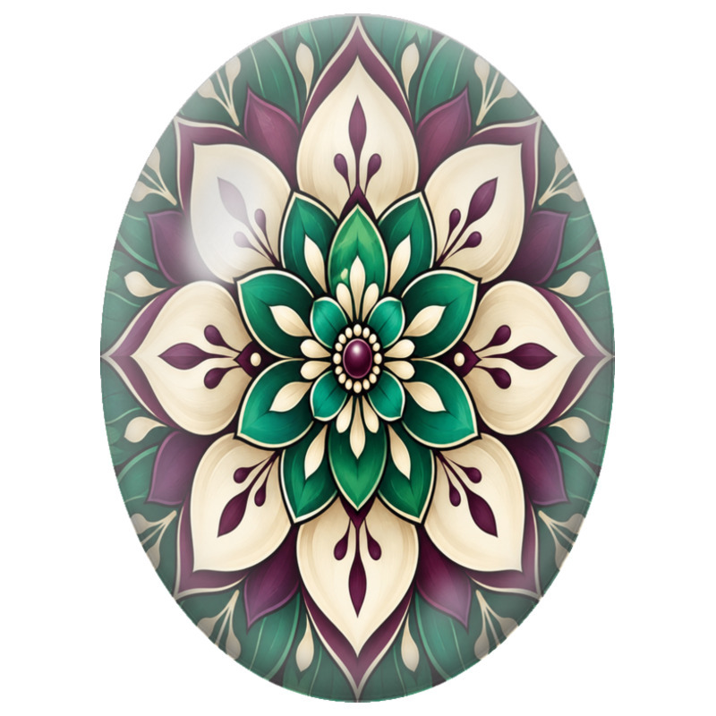 Cabochon en Verre Illustré Mandala Floral Vert, Ivoire et Prune 13x18, 18x25 ou 30x40mm